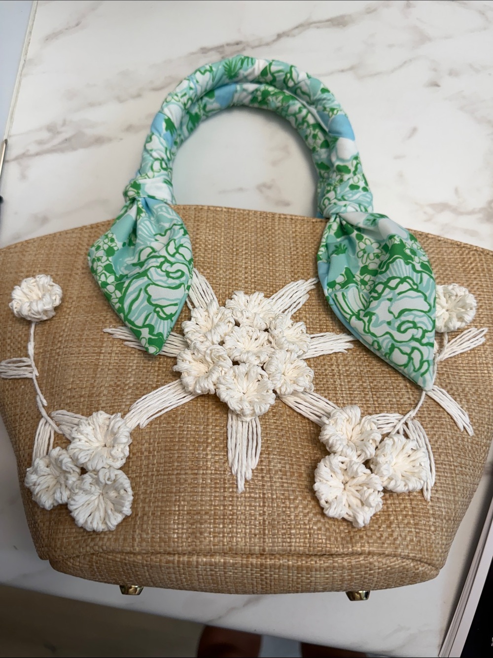 Lilly Pulitzer Straw Tote with Green and Aqua Floral Handle
